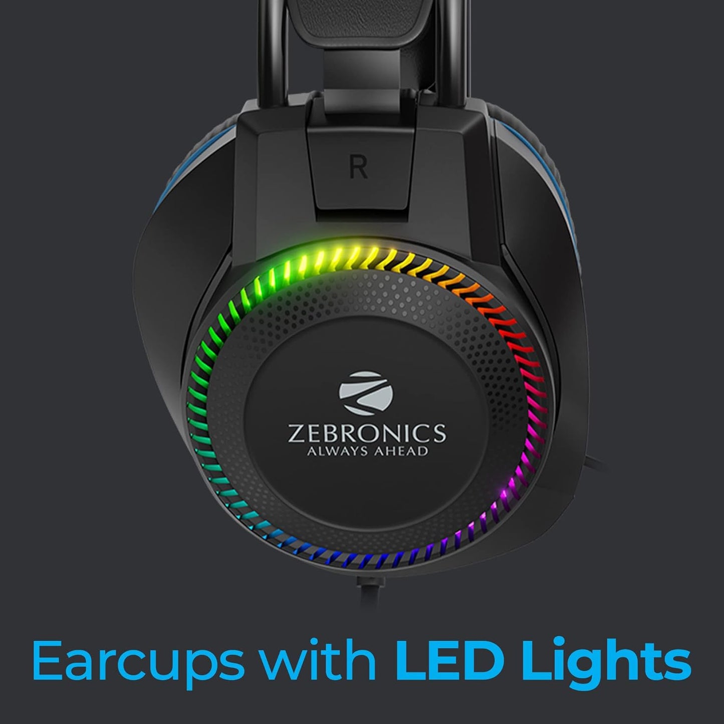 ZEBRONICS Jet Premium Wired Gaming On Ear Headphone with LED Light for earcups, 40mm Neodymium Drivers, 2 Meter Braided Cable, Flexible mic, Suspension Headband, 3.5mm + USB Connector (Black + Blue)