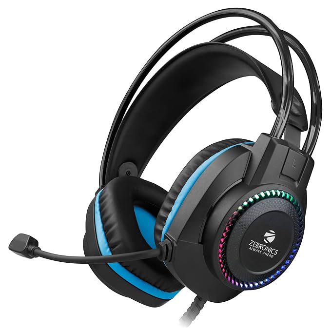 ZEBRONICS Jet Premium Wired Gaming On Ear Headphone with LED Light for earcups, 40mm Neodymium Drivers, 2 Meter Braided Cable, Flexible mic, Suspension Headband, 3.5mm + USB Connector (Black + Blue)