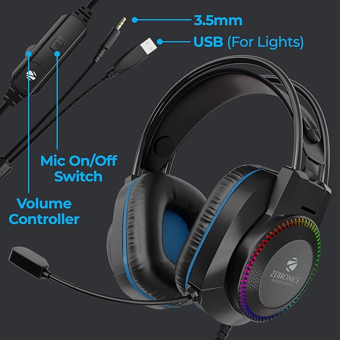 ZEBRONICS Jet Premium Wired Gaming On Ear Headphone with LED Light for earcups, 40mm Neodymium Drivers, 2 Meter Braided Cable, Flexible mic, Suspension Headband, 3.5mm + USB Connector (Black + Blue)