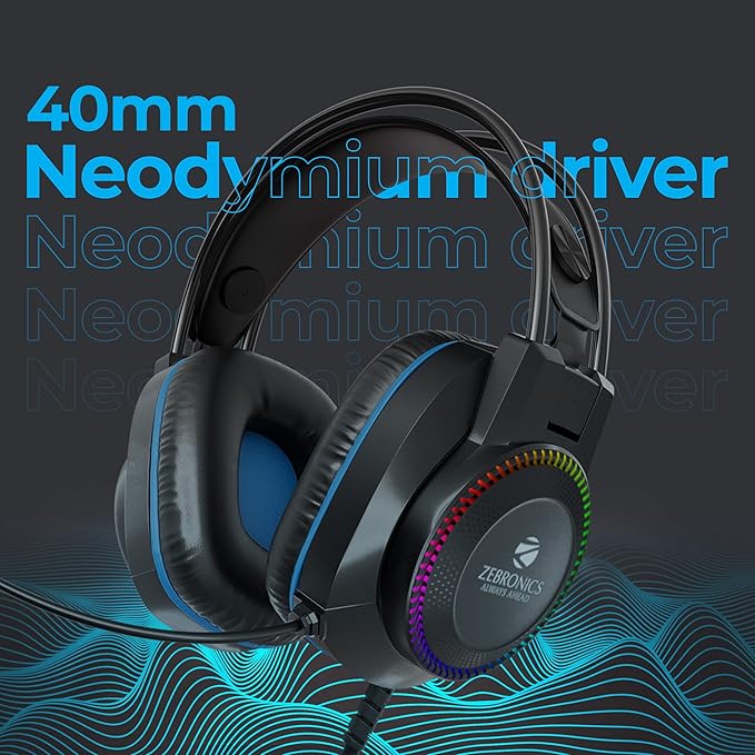 ZEBRONICS Jet Premium Wired Gaming On Ear Headphone with LED Light for earcups, 40mm Neodymium Drivers, 2 Meter Braided Cable, Flexible mic, Suspension Headband, 3.5mm + USB Connector (Black + Blue)