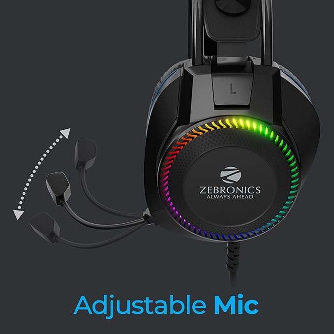 ZEBRONICS Jet Premium Wired Gaming On Ear Headphone with LED Light for earcups, 40mm Neodymium Drivers, 2 Meter Braided Cable, Flexible mic, Suspension Headband, 3.5mm + USB Connector (Black + Blue)